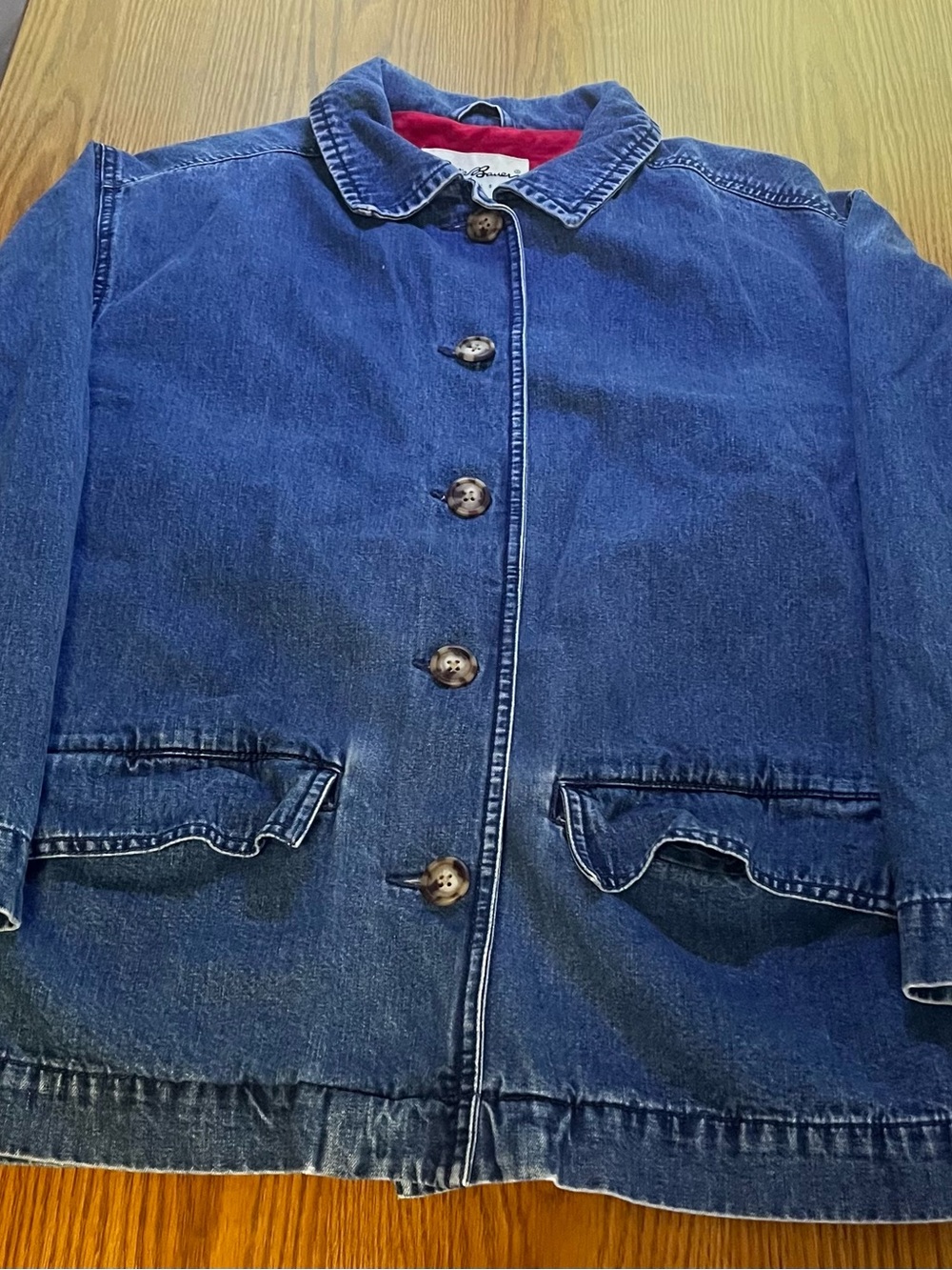 Eddie Bauer Blue Denim Jean Jacket with Red Lining Size Small Petite